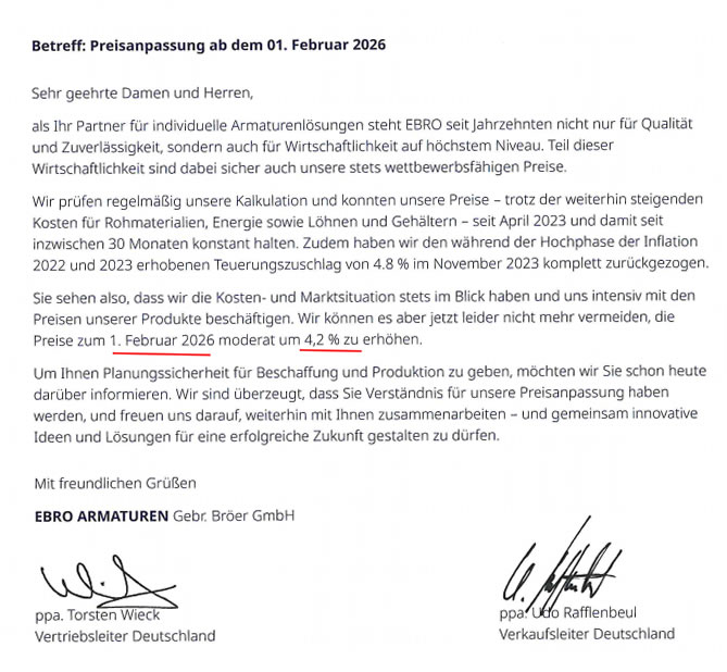 EBRO ARMATUREN 2026 Price Adjustment Notice
