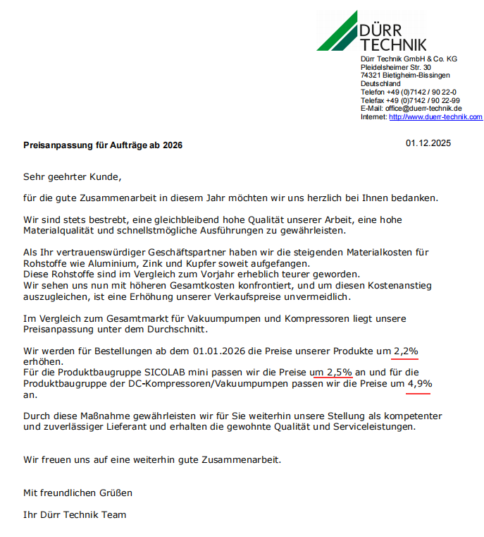 Durr Technik's Price Adjustment for 2026